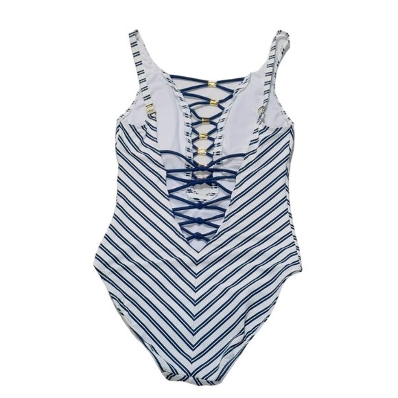 BLEU ROD BEATTIE Women's Swimsuit 1 Pc Nylon Striped Blue White Open Back Size 4 - Picture 7 of 10